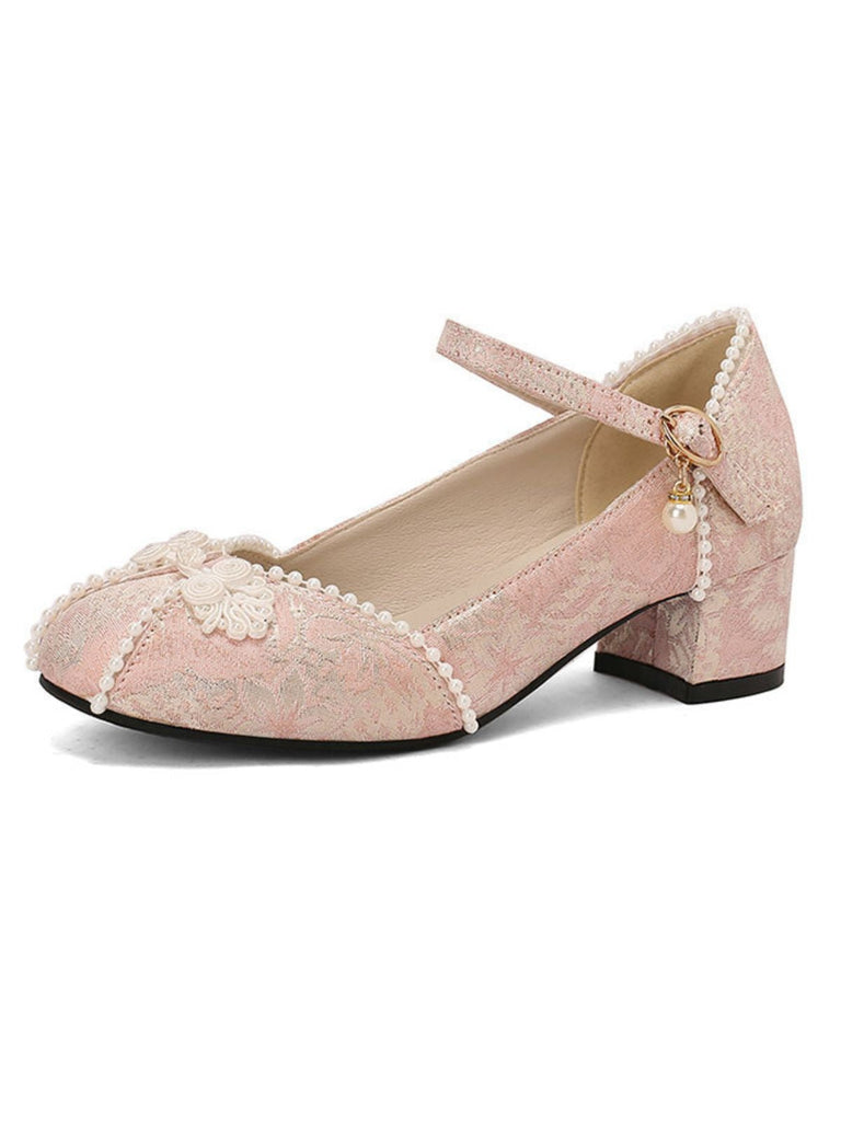 Blumen Jacquard Perle Mary Jane Klobige Absätze