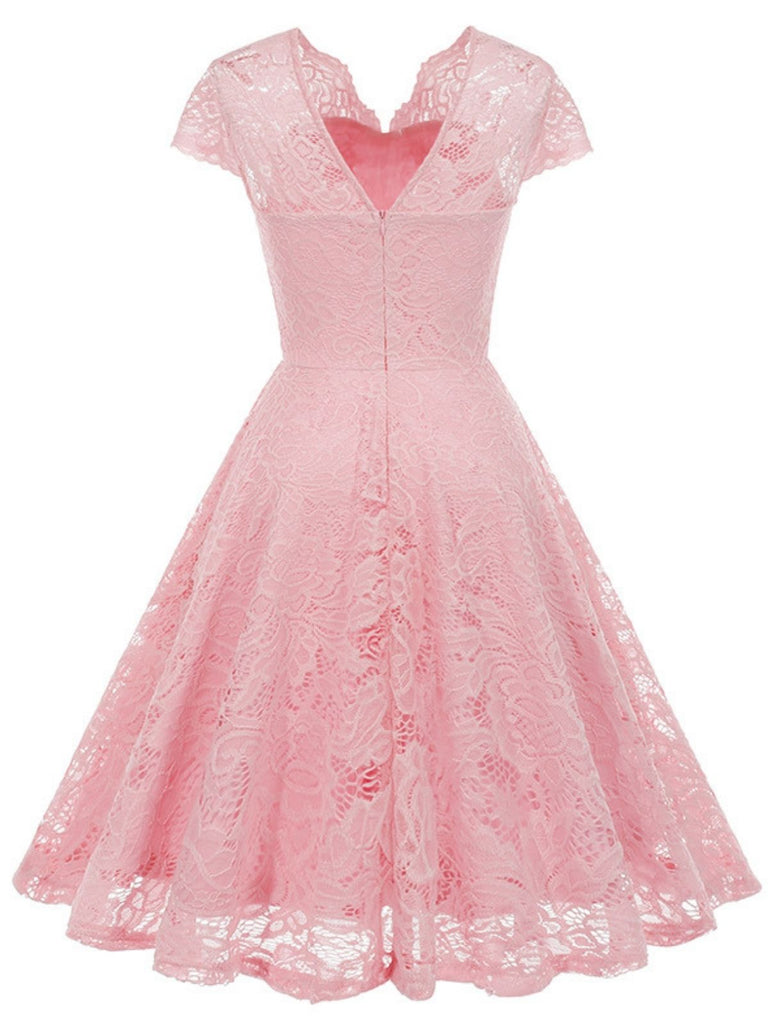 1950er Solide V-Ausschnitt Ärmellos Spitze Kleid