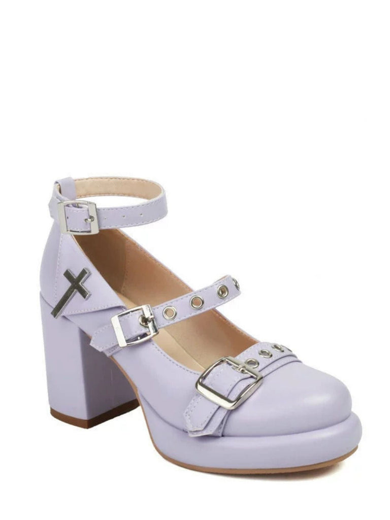 Punk Kreuzschnalle Knöchelriemen Chunky High Heels