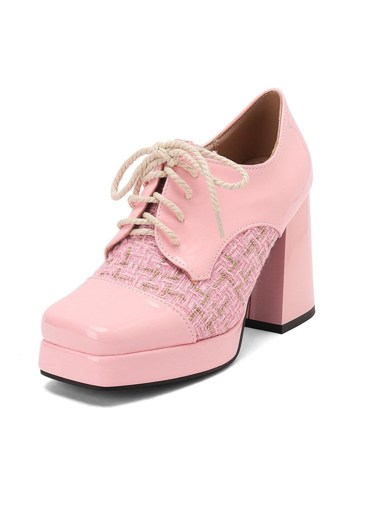 Mary Jane Kariert Quadratisch Zehen Block Absatz Schuhe