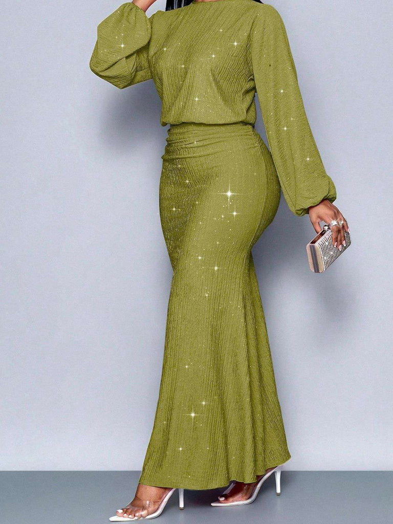 1930er Funkeln Gerüschtes Laternenärmel Stricken Fischschwanz Kleid