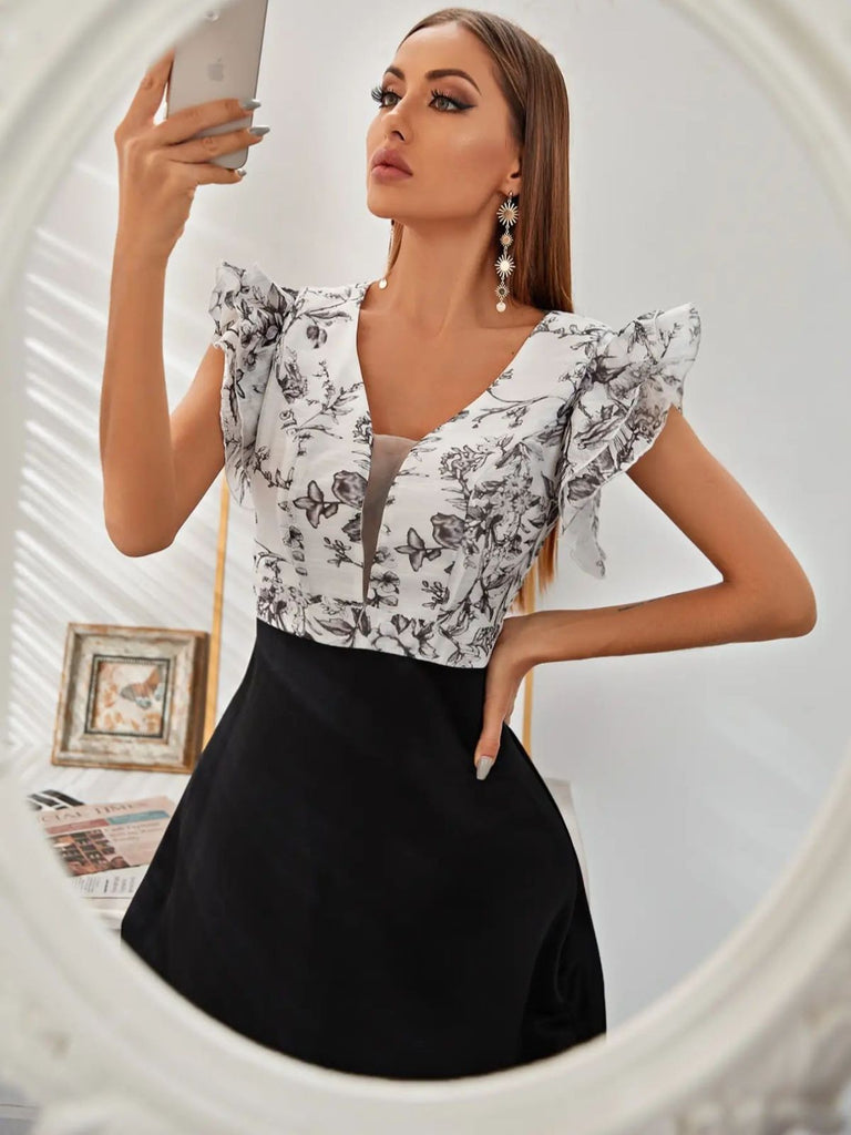 1930er Blumen Rüschenärmel V-Ausschnitt Patchwork Kleid