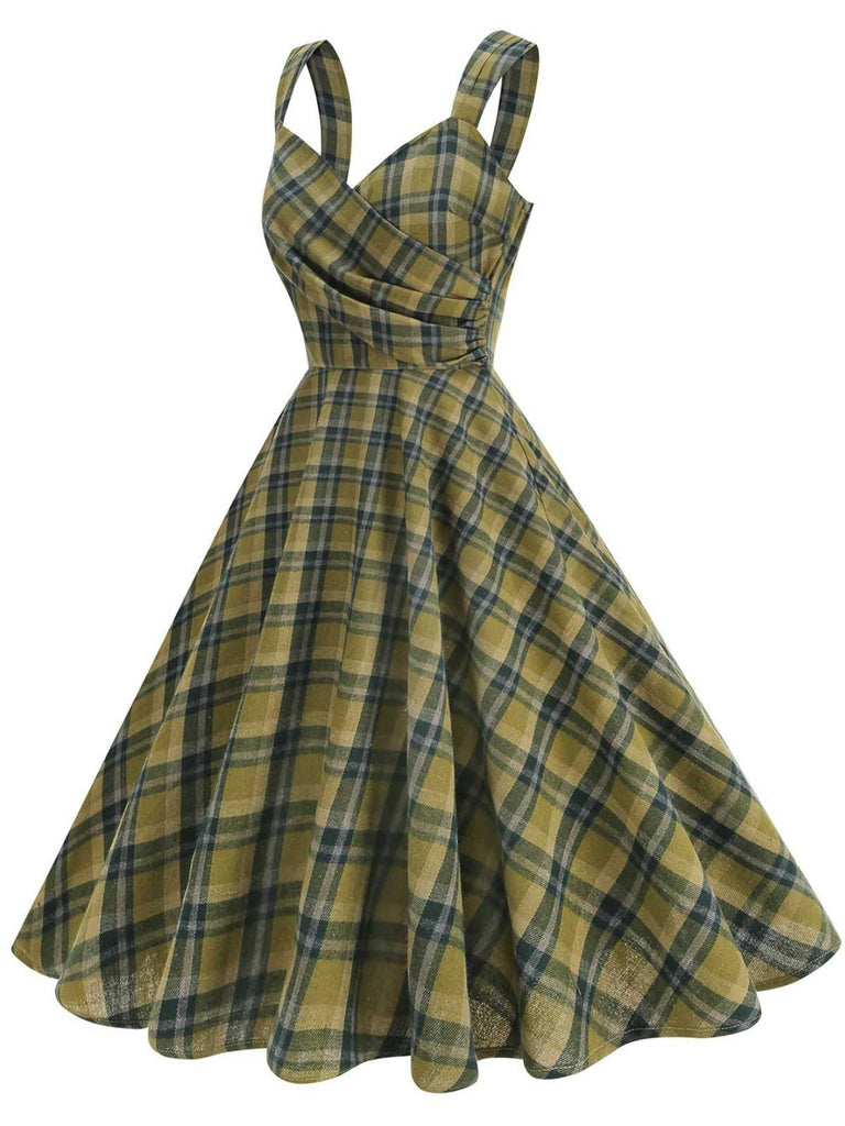 1950er Slip V-Ausschnitt Plaid Swing Kleid