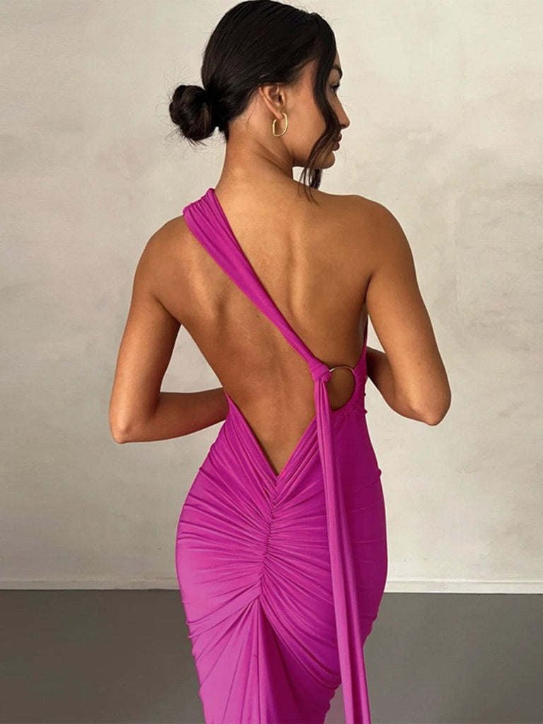 1980er Solide Eine Schulter Rückenfrei Abend Kleid mit Schleppe