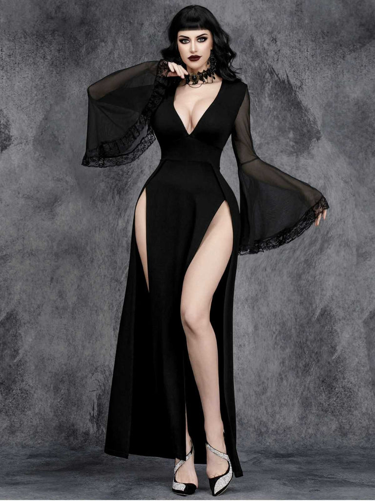 Schwarz 1980er Gothic Schlitz Ausgestellte Ärmel Spitze Kleid