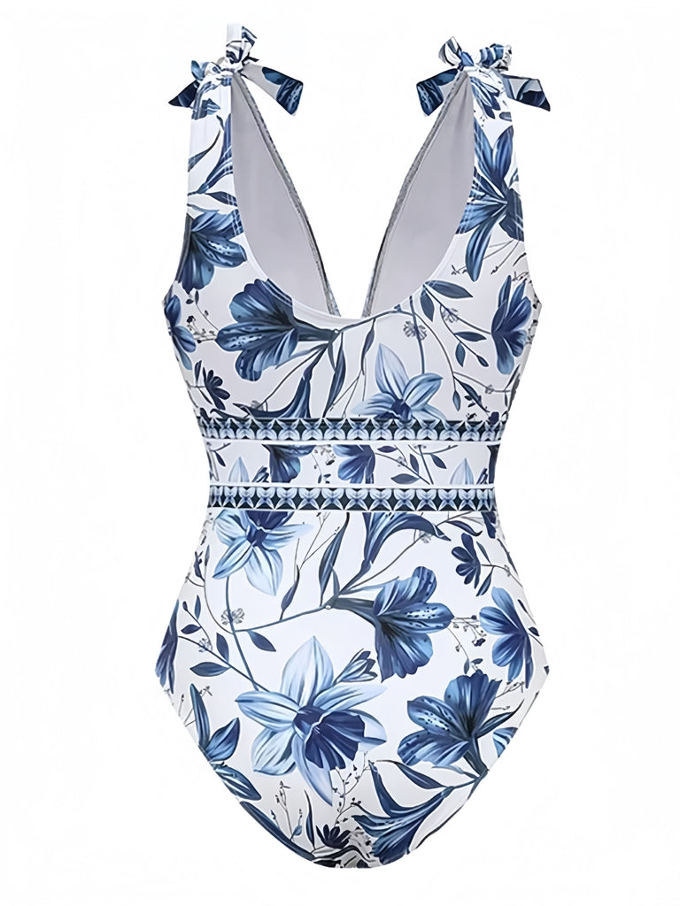 Blau 1940er Blumen Schulterband Einteiliger Badeanzug & Cover-Up