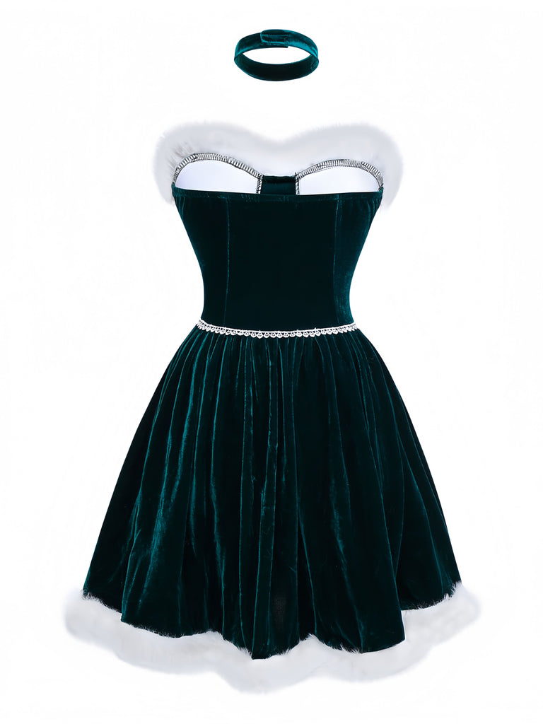 Grün 1960er Samt Trägerloses Schnürung Mini Kleid