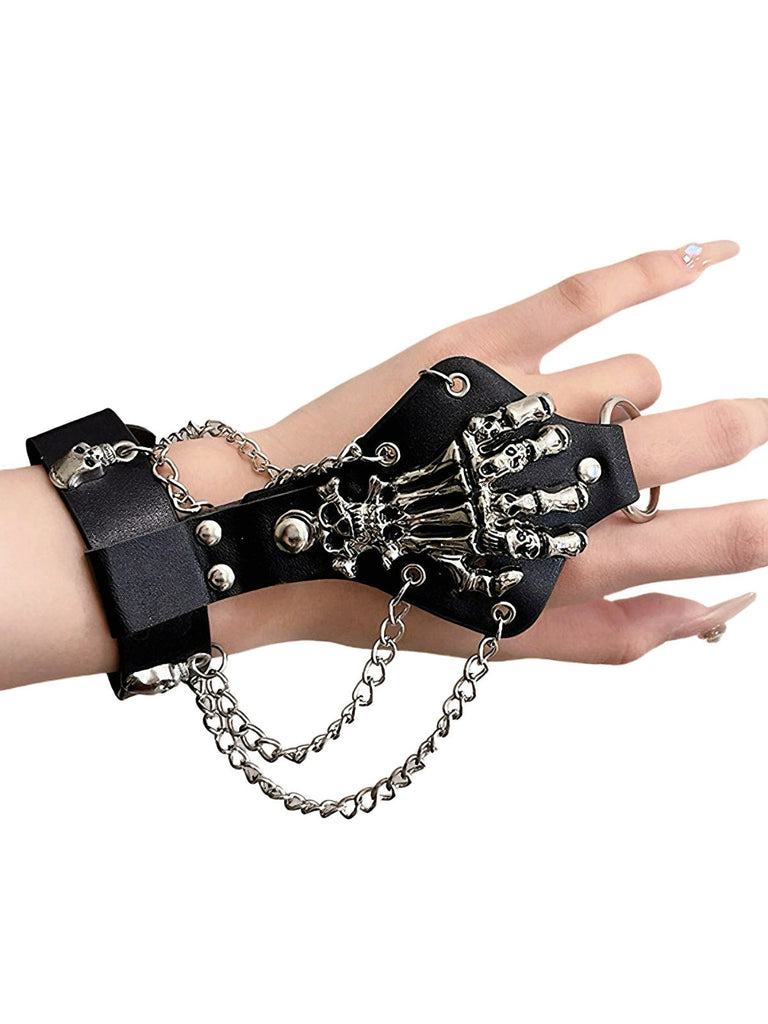 Punk Skeletthand Chain Leder Niet Fingerarmband