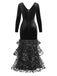Schwarzes 80er Meerjungfrauenkleid mit Blumen und Rüschen