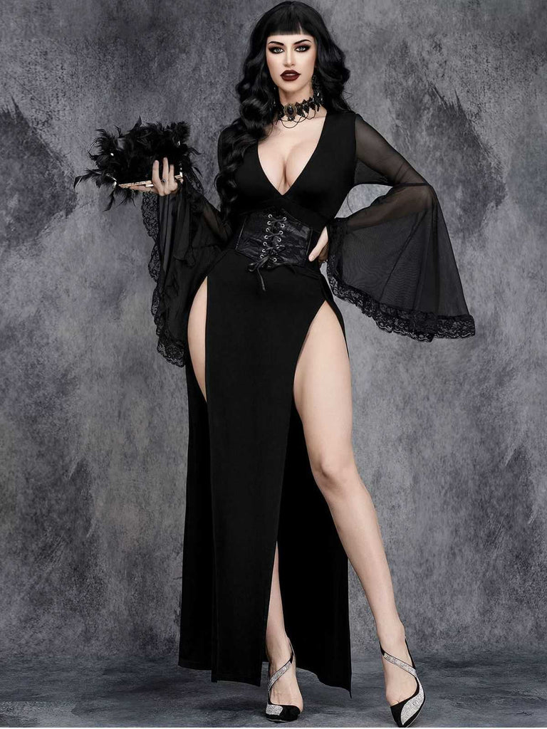 Schwarz 1980er Gothic Schlitz Ausgestellte Ärmel Spitze Kleid