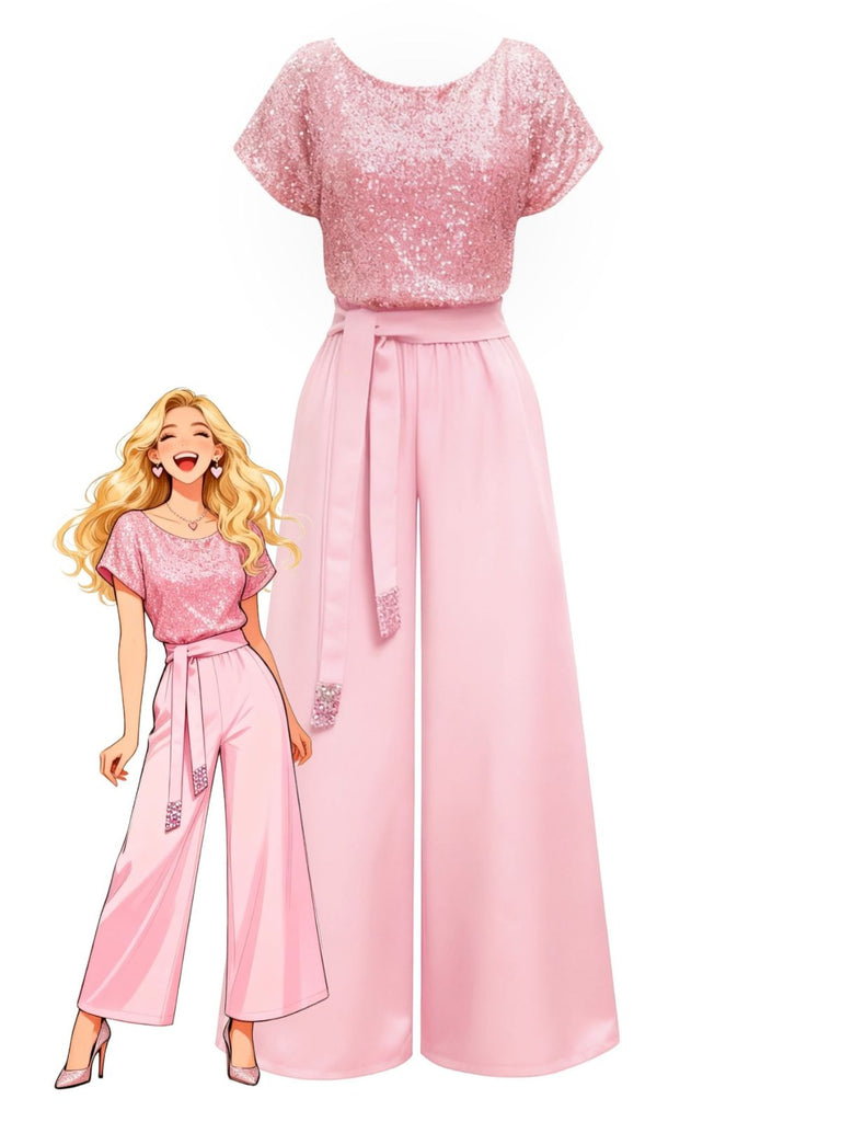 Rosa 1960er Pailletten Weit Bein Jumpsuit