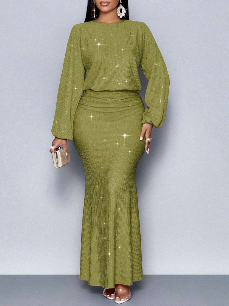 1930er Funkeln Gerüschtes Laternenärmel Stricken Fischschwanz Kleid