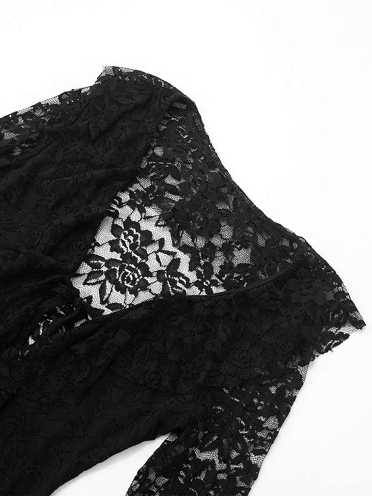 1980er Spitze Ribbon Tie Rüschen Glockenhülse Kleid