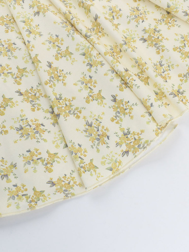 Gelb 1960er Blumen Puffärmel V-Ausschnitt Kleid