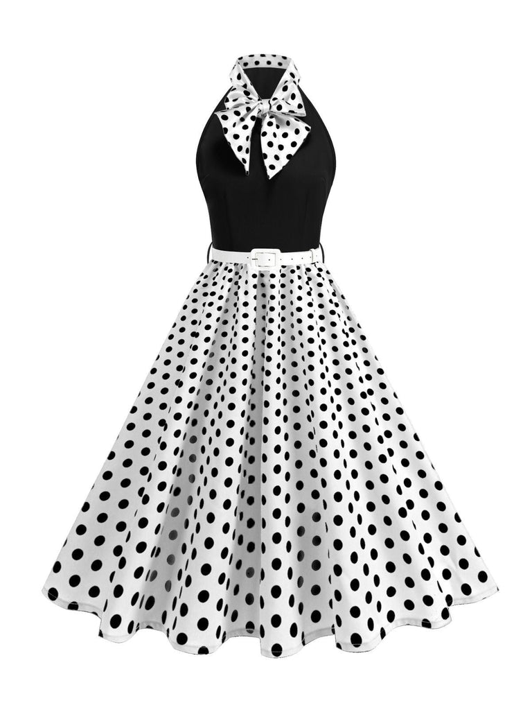 1950er Bogen Binde-Hals Polka Punkte Gürtel Kleid