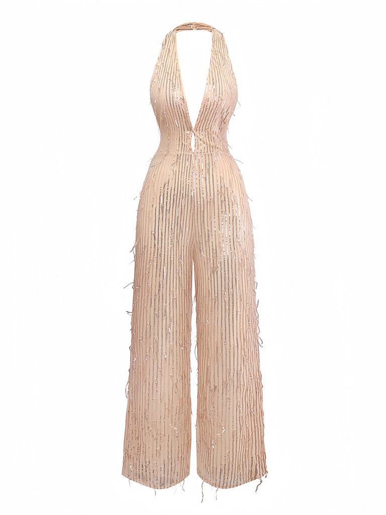 1970er Halter Tief V-Ausschnitt Paillette Franse Jumpsuit