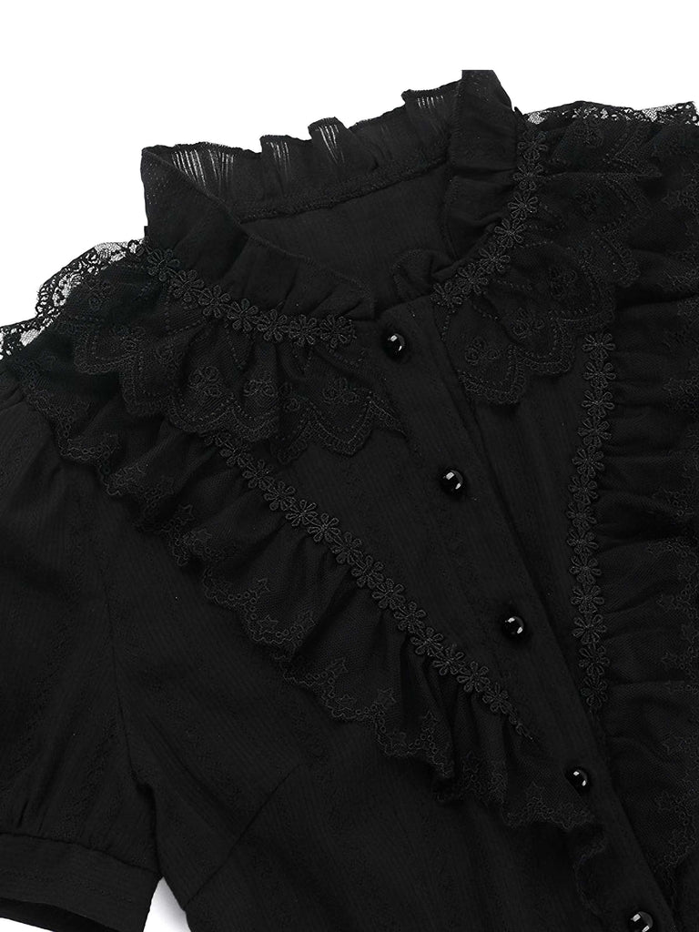 Schwarz 1980er Gothic Baumwolle Rüschen Bluse