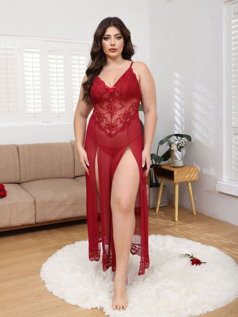 [Übergröße] 1930er Netz Spitze Spaghetti Träger Schlitz Nachthemd