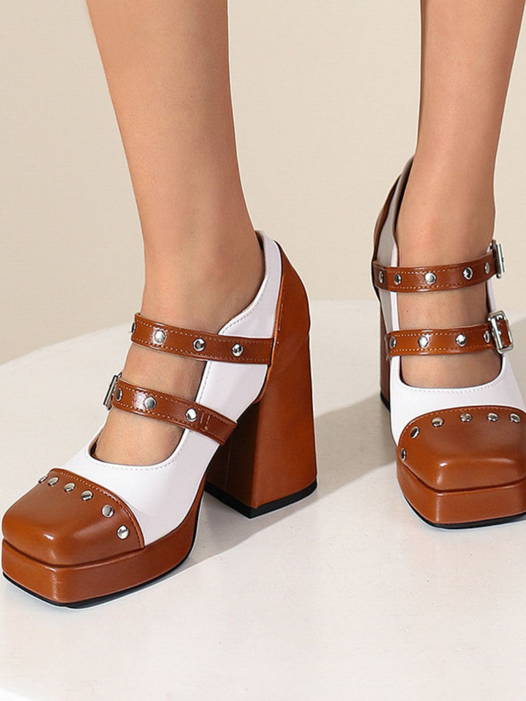 Mary Jane Nieten Quadratisch Zehenbereich Block Absatz Schuhe