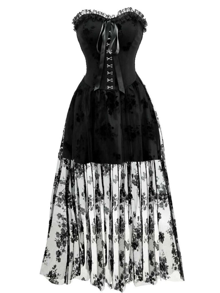 1970er Gothic Trägerlos Dunkle Braut Netz Korsett Kleid