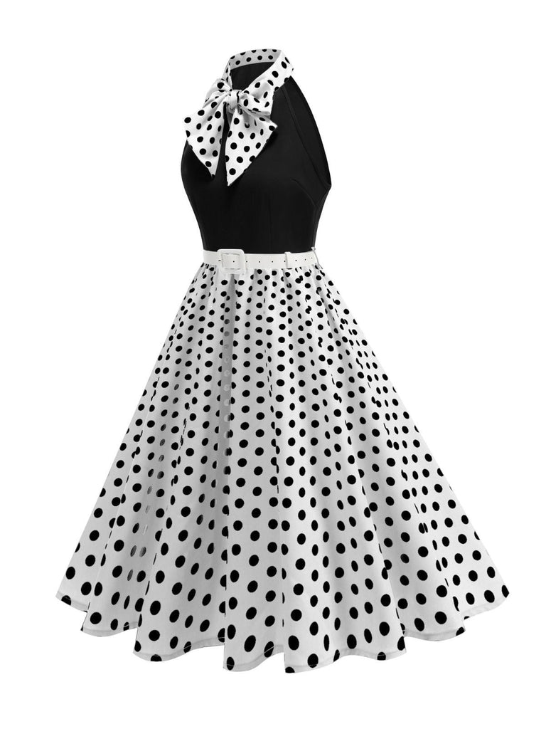 1950er Bogen Binde-Hals Polka Punkte Gürtel Kleid