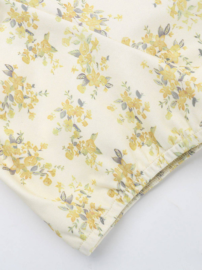 Gelb 1960er Blumen Puffärmel V-Ausschnitt Kleid