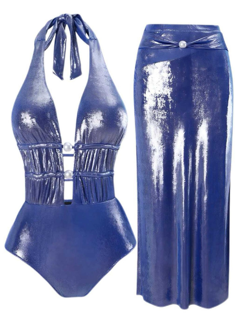 Blau 1970er Perle Schimmernd Halfter Badeanzug & Cover-Up