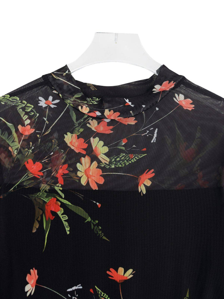 Schwarz 1930er Blumen Netz Rüschen Maxi Kleid