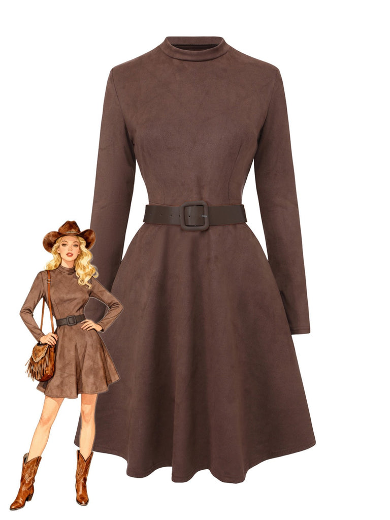 Braun 1970er Lang Ärmel Rundhals Gürtel Kleid
