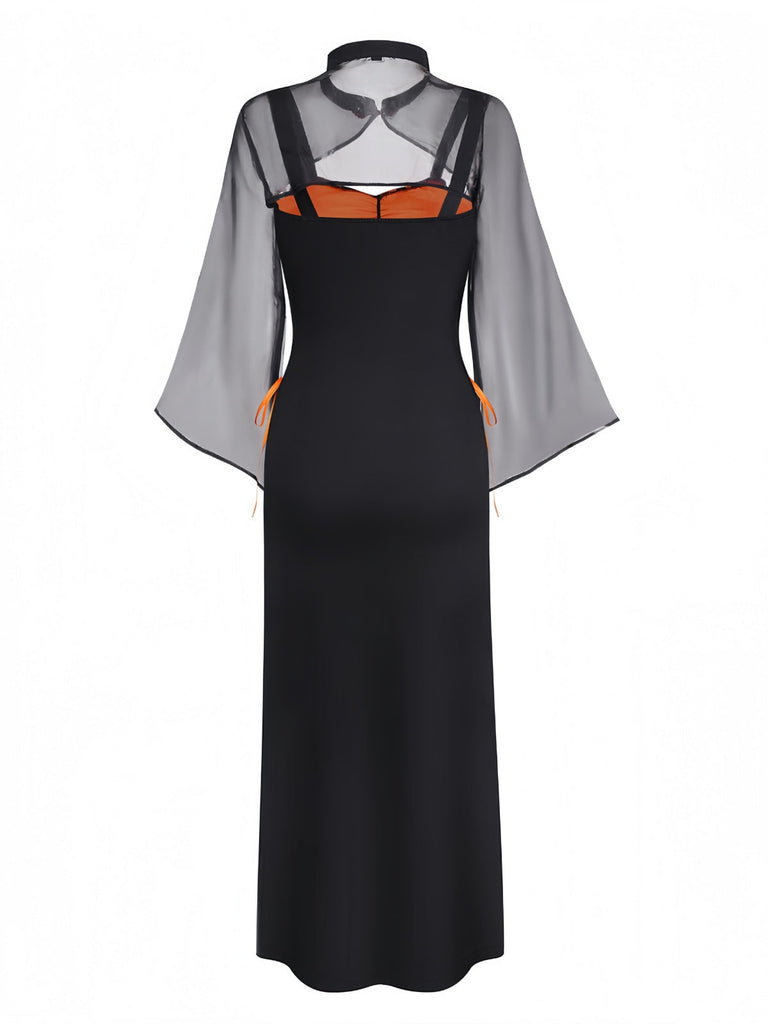 Orange 1940er Blumen Spitze Kleid mit Cape & Hut