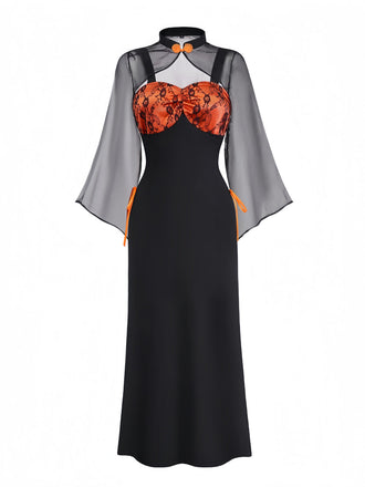 Orange 1940er Blumen Spitze Kleid mit Cape & Hut