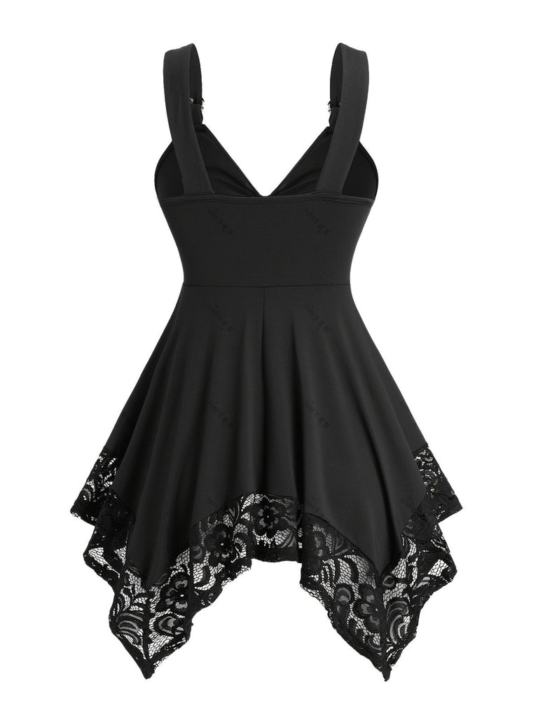 [Übergröße] Schwarz 1970er Solide Herz Taste Spitze Tunika Top