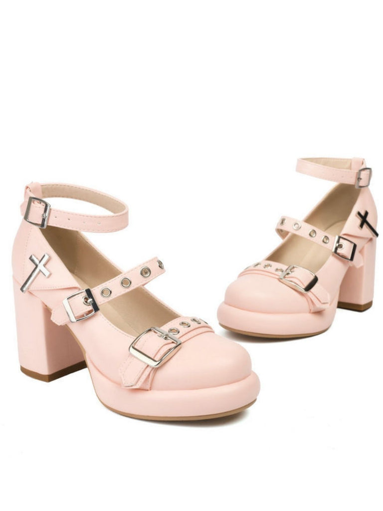 Punk Kreuzschnalle Knöchelriemen Chunky High Heels