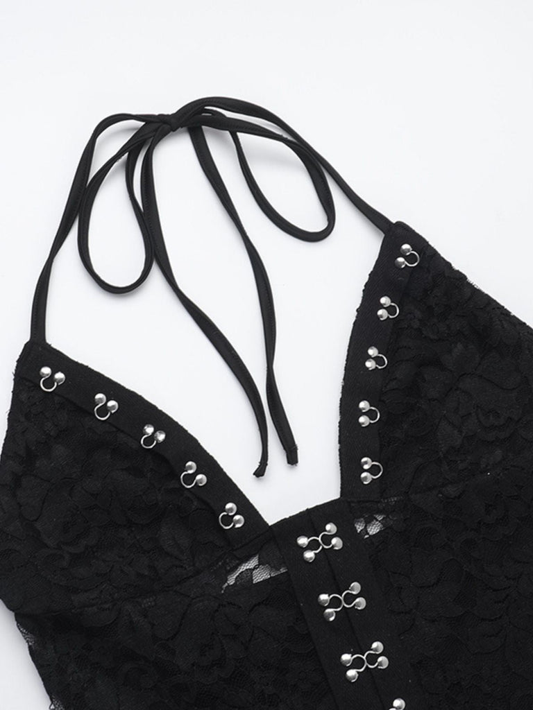 Schwarz 1930er Halter Spitze Schlaghosen Jumpsuit