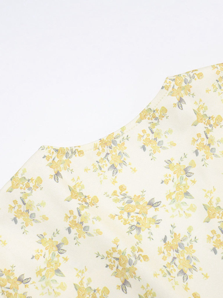 Gelb 1960er Blumen Puffärmel V-Ausschnitt Kleid