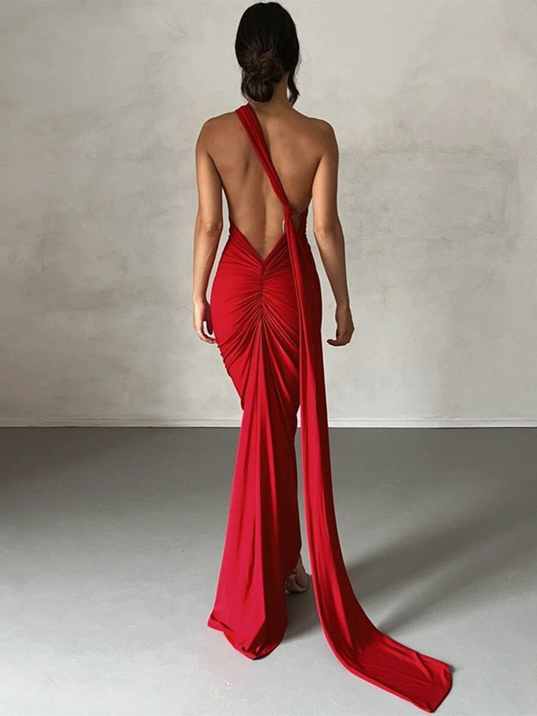 1980er Solide Eine Schulter Rückenfrei Abend Kleid mit Schleppe