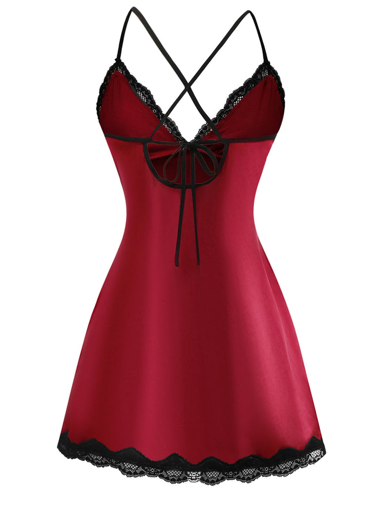 1960er Spaghetti Träger Satin Spitze Nachthemd