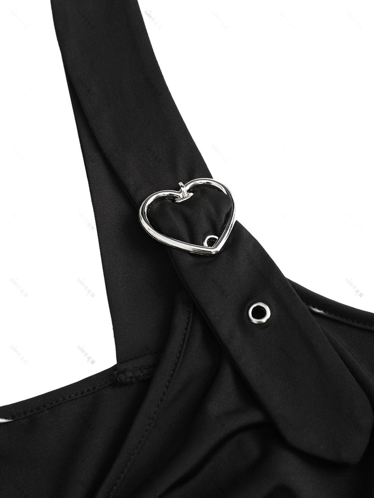 [Übergröße] Schwarz 1970er Solide Herz Taste Spitze Tunika Top