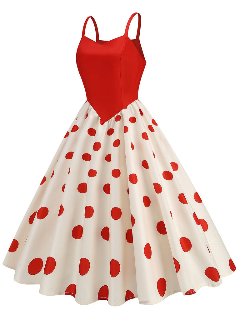 1970er Träger Patchwork Polka Dots Swing Kleid