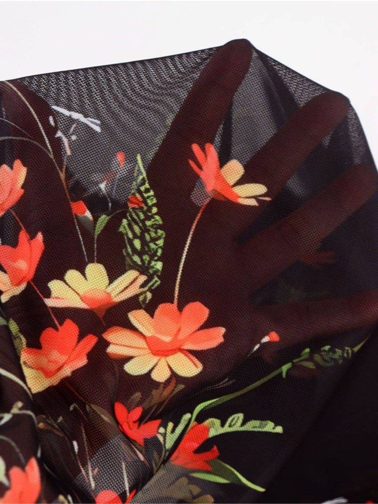 Schwarz 1930er Blumen Netz Rüschen Maxi Kleid