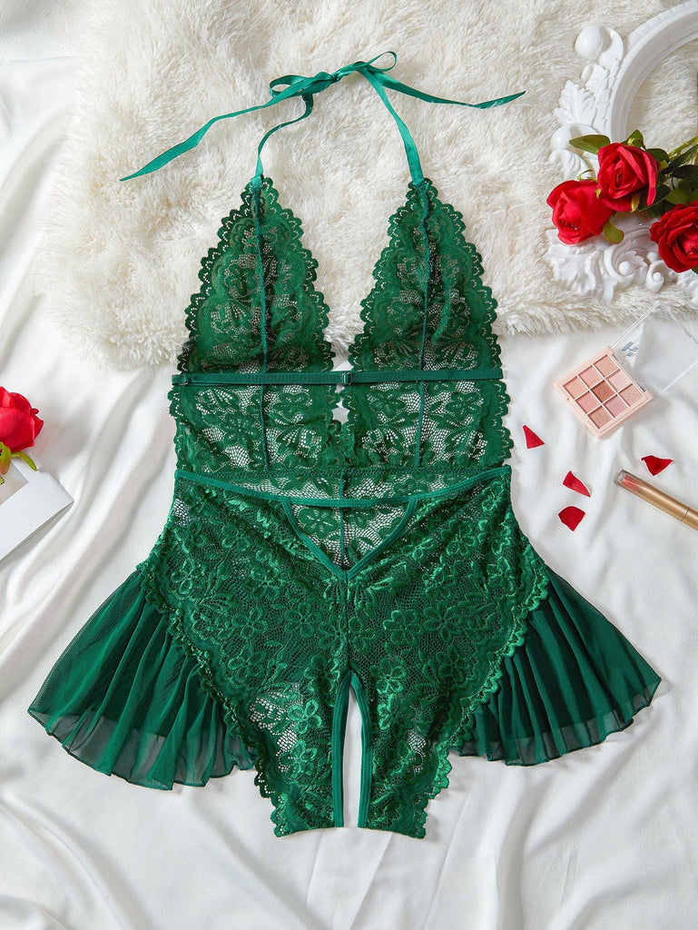 1980er Halter Spitze Dessous mit Leopard Druck Rock