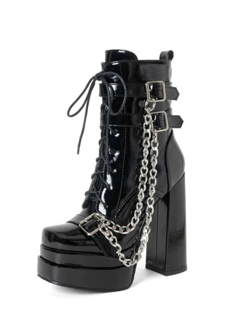 Schwarz Patent Chains Gothic High Heels Stiefel