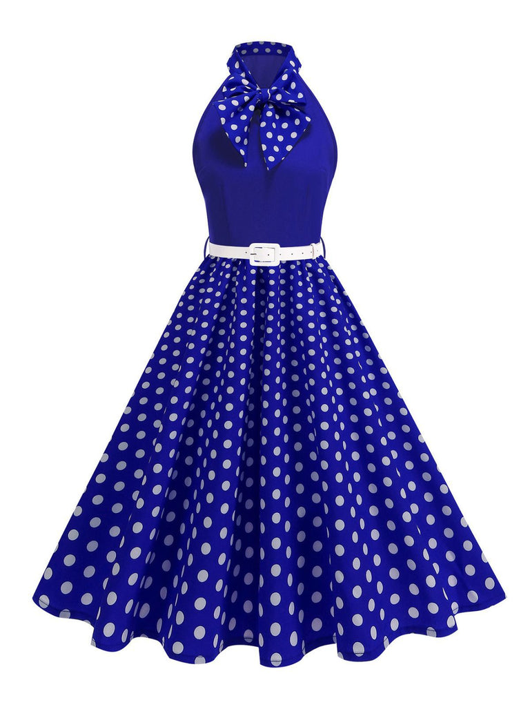 1950er Bogen Binde-Hals Polka Punkte Gürtel Kleid
