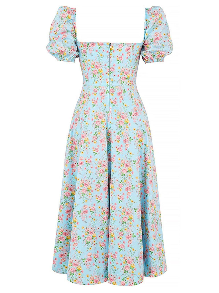 1940er Kleine Blumen Quadratischer Hals Schlitz Kleid