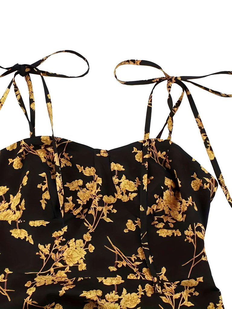 [Große Größen] Orange 1940er Kleine Blumen Spaghetti Träger Schnürung Kleid