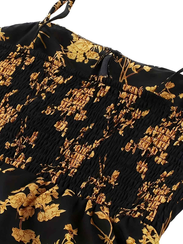 [Große Größen] Orange 1940er Kleine Blumen Spaghetti Träger Schnürung Kleid