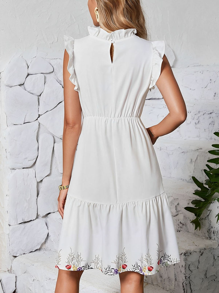 Weiß 1940er Blumen Rüschen Ärmellos Kleid