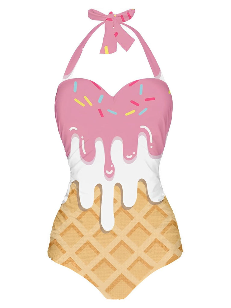 Rosa 1970er Eiscreme Halter Badeanzug