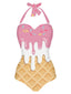 Rosa 1970er Eiscreme Halter Badeanzug
