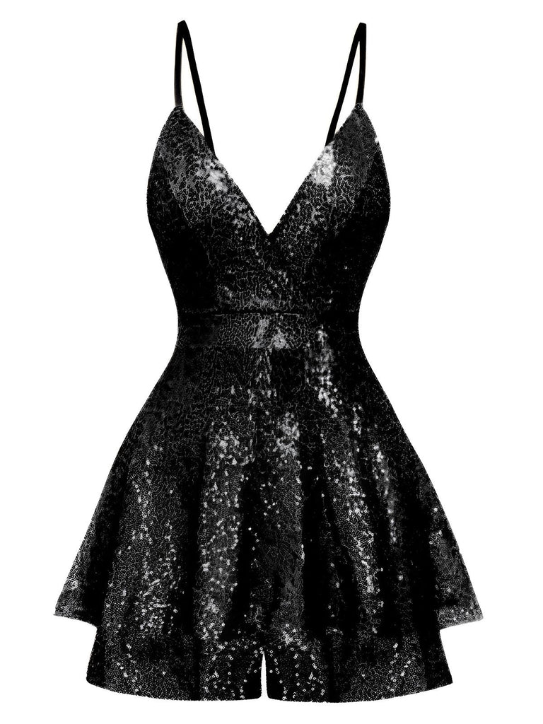 1960er Pailletten Riemchen V-Ausschnitt Culotte Romper